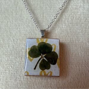 Hand-Crafted Real 4 Four Leaf Clover Scrabble Tile Pendant w/ Silver Chain #24